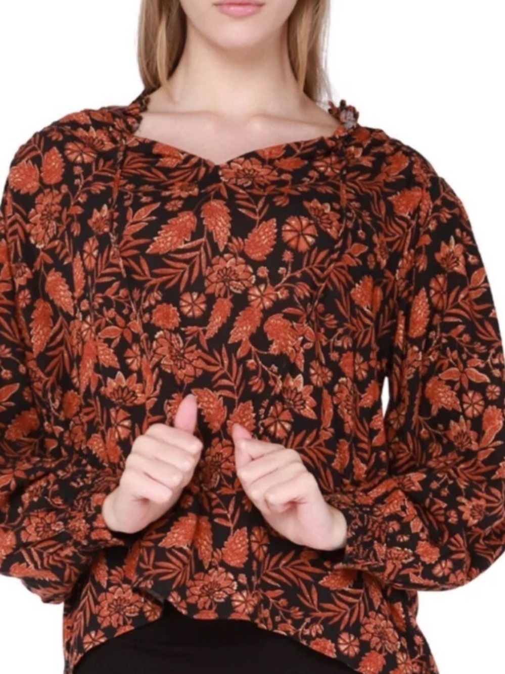 ELAN FALL FLORAL TIE NECK BOTANICAL PRINT LONG SLEEVE BLOUSE BLACK & RUST SZ M